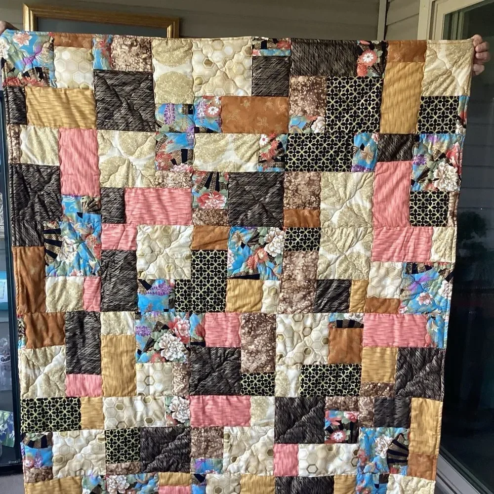 NWT. Hand Crafted Gold Toned Prints with Oriental Influence Quilt